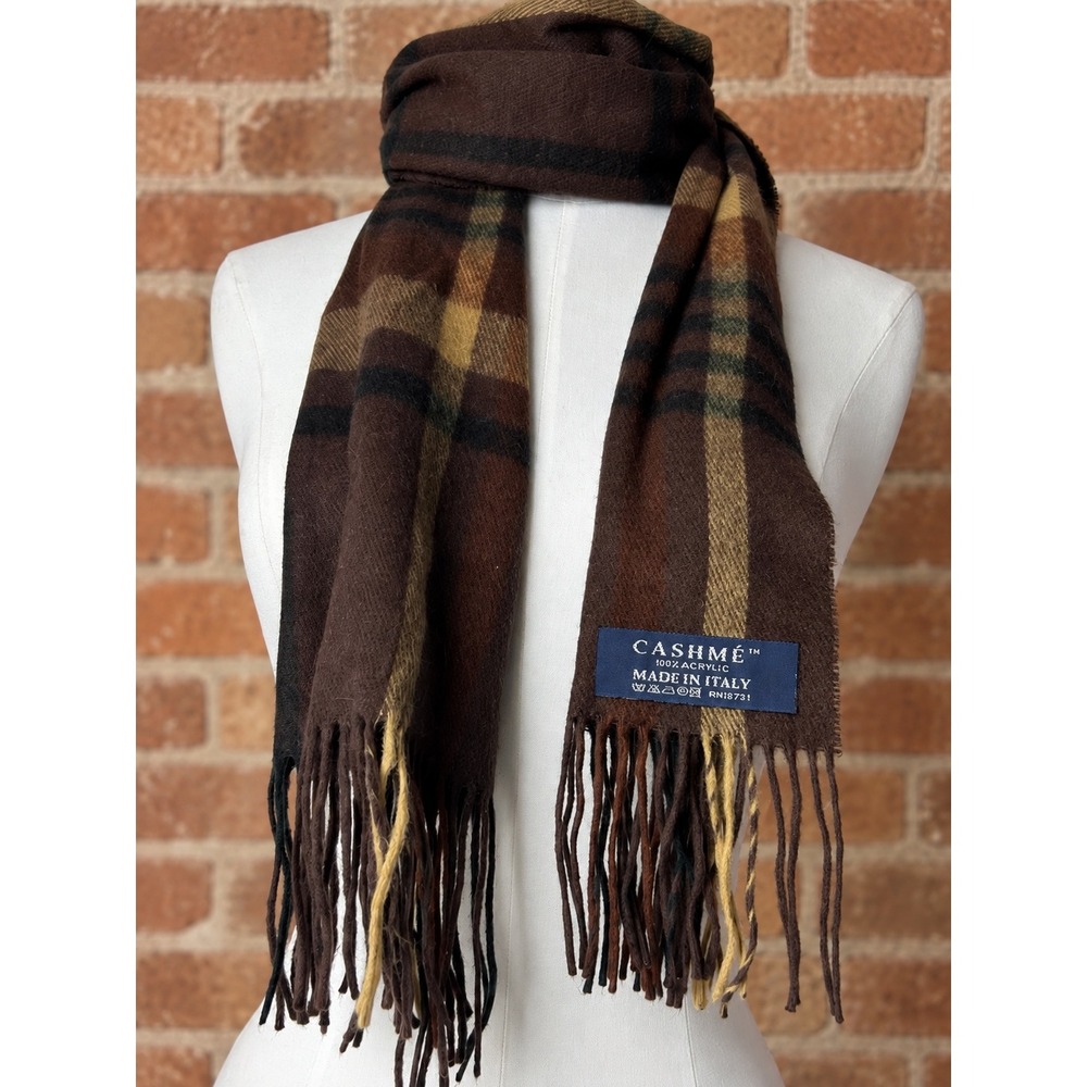 Cashme Brown Plaid Scarf Made in Italy Fall Autumn Layering Preppy Minimalist